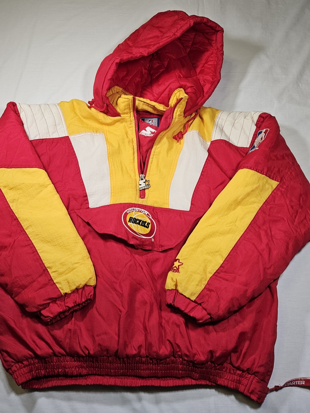 Vintage 90s Starter Houston Rockets Half Zip Puffer Jacket Hooded Large Red NBA